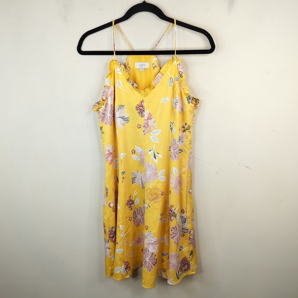 LOFT Yellow Floral Mini Tank Dress 2 Ruffles V-Neck Sleeveless Summer